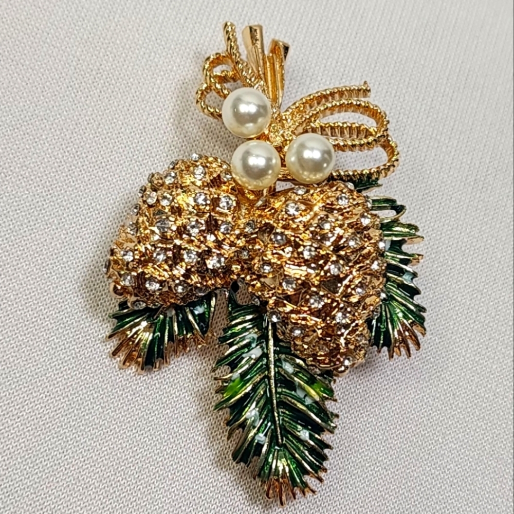 Napier Gold and Green Pinecone with White Crystal Brooch